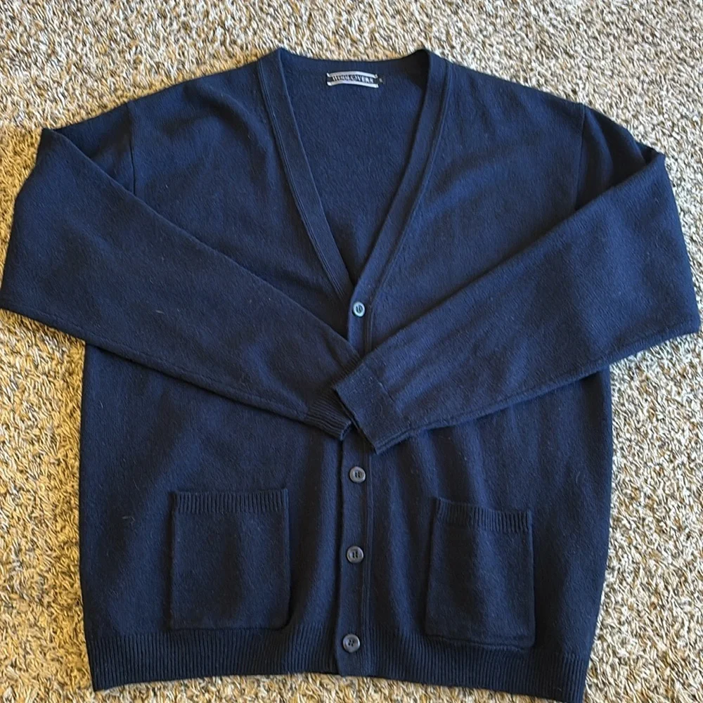 Woolovers Mens Lambswool‎ V Neck Pure Lambswool Cardigan Navy Blue Size XLarge